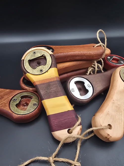 handcrafted bottle opener made from various hardwoods and finished with twine and stainless steel hardware