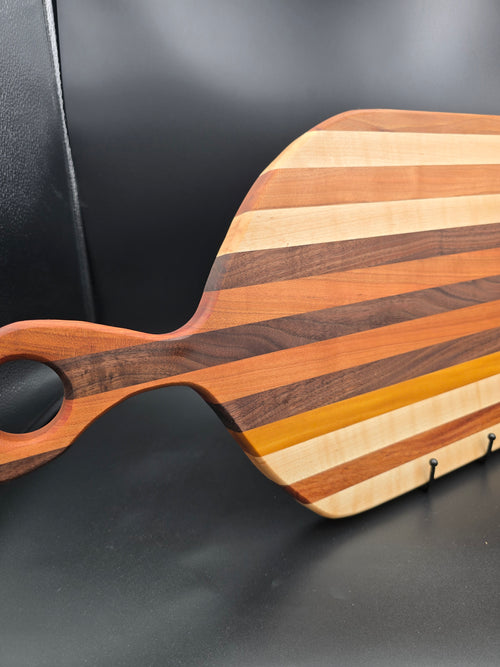 Wooden Charcutere Board made with maple walnut yellow heart and cherry made by lathe nights woodworking