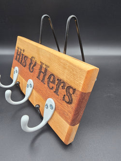 Wooden Key Hook, laser engraved with His and Hers, featuring white key hooks