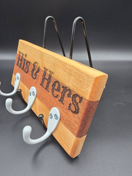 Wooden Key Hook, laser engraved with His and Hers, featuring white key hooks