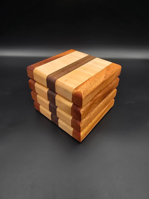 Set of 4 Wooden Coasters, made of walnut maple and mahogany made by lathe nights woodworking