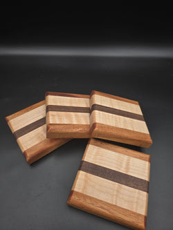 Set of 4 Wooden Coasters, made of walnut maple and mahogany made by lathe nights woodworking