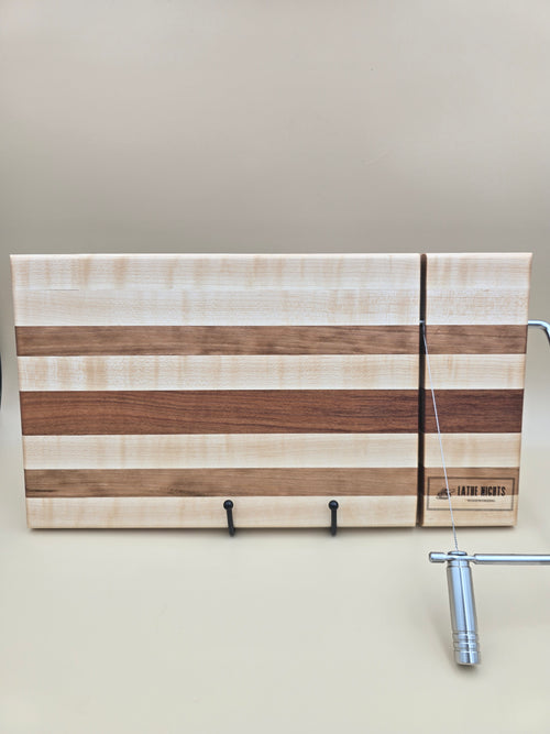 Wooden cheese board made from Maple Cherry and Mahogany hardwoods by Lathe Nights Woodworking