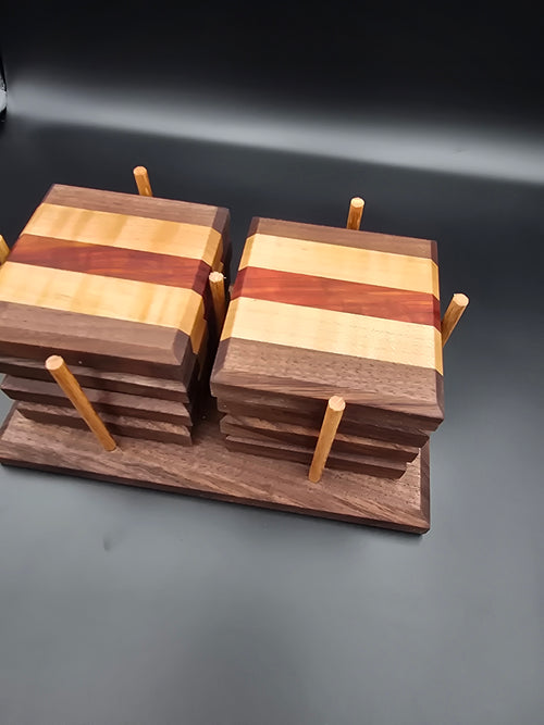 wooden coasters made of padauk, maple and walnut made by lathe nights woodworking