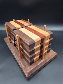 wooden coasters made of padauk, maple and walnut made by lathe nights woodworking