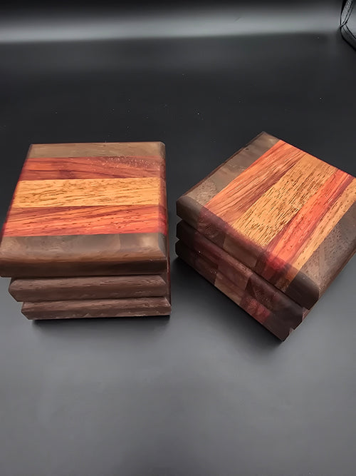 Wooden coasters made of walnut mahogany and padauk by lathe nights woodworking