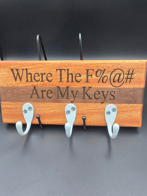 Wooden Key Holder with White Hooks, Where the F are my keys laser engraved. Mahogany and Walnut woods, made by lathe nights woodworking