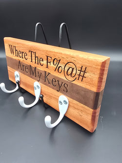 Wooden Key Holder with White Hooks, Where the F are my keys laser engraved. Mahogany and Walnut woods, made by lathe nights woodworking