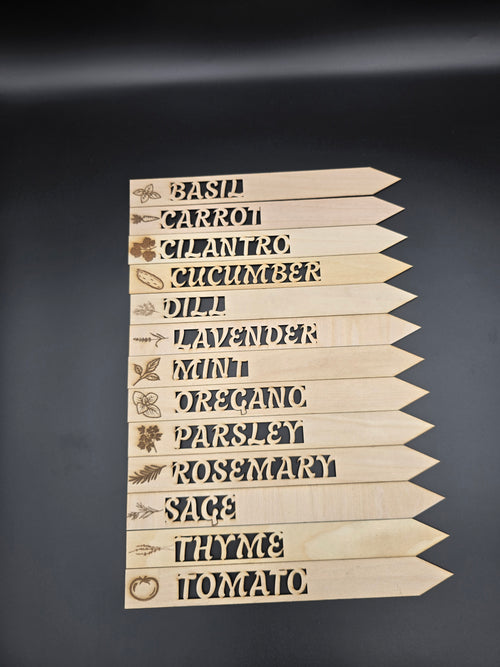 set of wooden garden markers made for different types of plants and herbs made by lathe nights woodworking