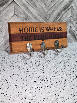 Key hanger, key hook laser engraved with "home is where the keys hang" made from cherry and padauk hardwoods