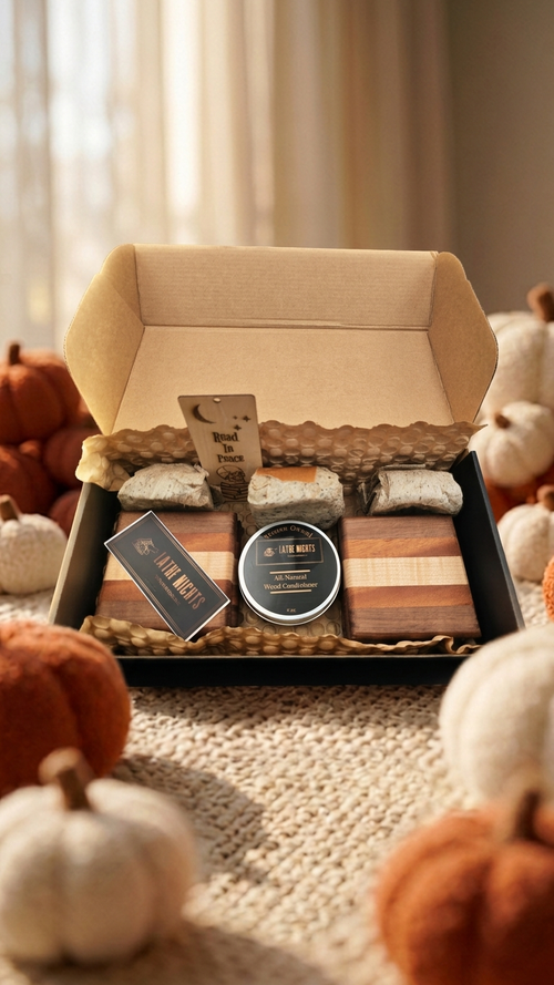 An open kraft gift box displayed on a textured rug, surrounded by small pumpkins. Inside the box are several packaged food items and a round black tin, with a card and a small sign visible.