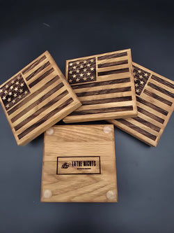 America 250 Collectible Oak Hardwood Coasters | American Flag Engraved Set