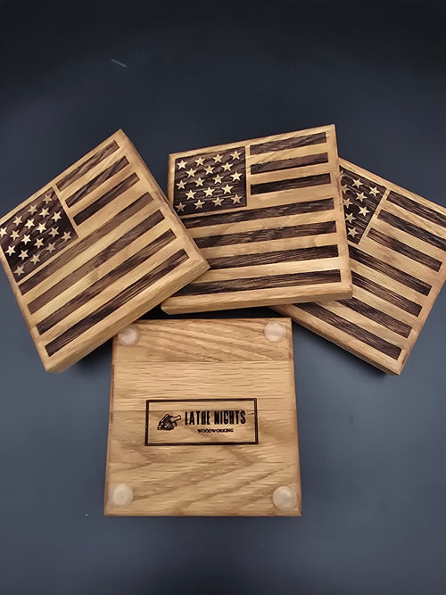 America 250 Collectible Oak Hardwood Coasters | American Flag Engraved Set