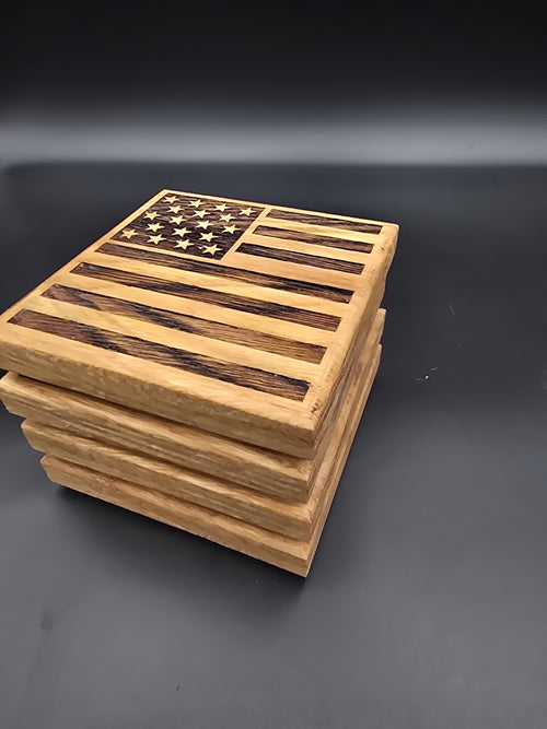 America 250 Collectible Oak Hardwood Coasters | American Flag Engraved Set