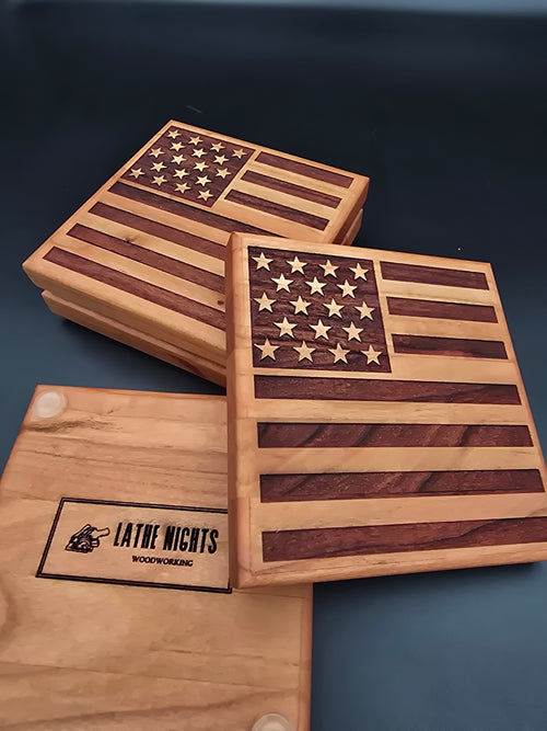 America 250 Collectible Cherry Hardwood Coasters | American Flag Engraved Set