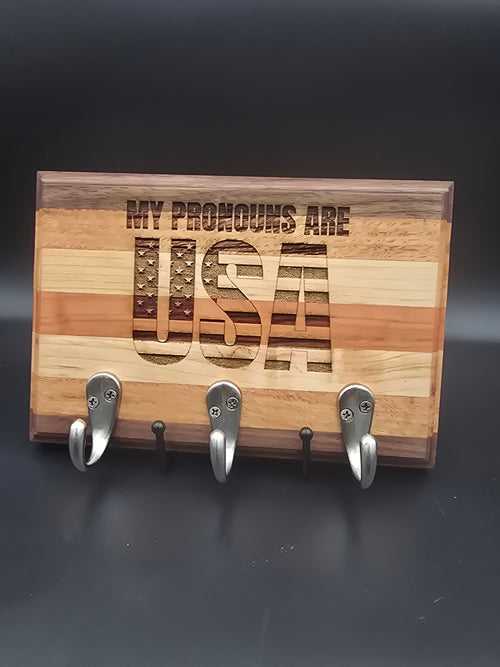 Patriotic Hardwood Key Holder | My Pronouns are USA
