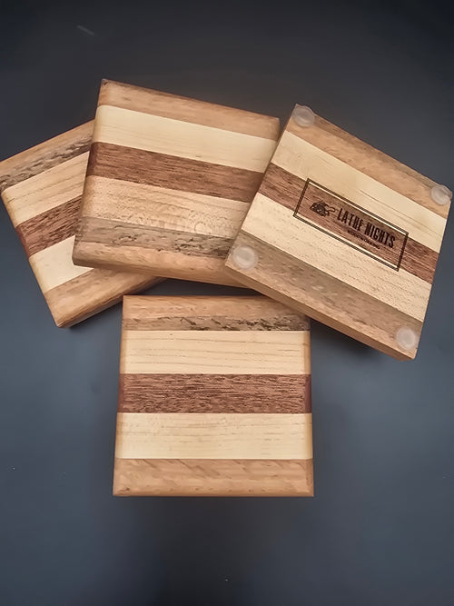 Handcrafted Mixed Hardwood Coasters (Set of 4) – Oak, Mahogany, and Maple Drink Coasters with Non-Slip Feet
