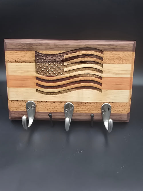 Patriotic Hardwood Key Holder | Waving American Flag