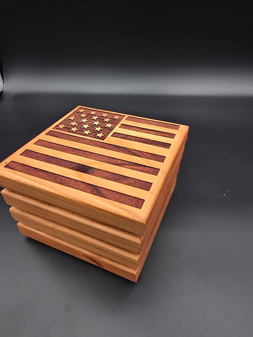 America 250 Collectible Cherry Hardwood Coasters | American Flag Engraved Set