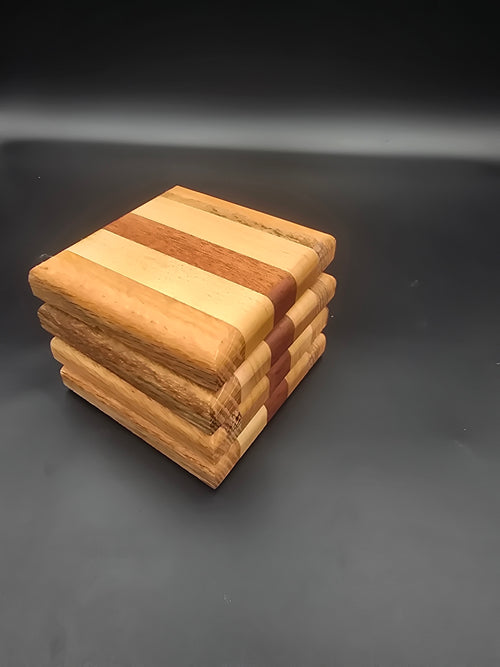 Handcrafted Mixed Hardwood Coasters (Set of 4) – Oak, Mahogany, and Maple Drink Coasters with Non-Slip Feet