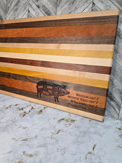 wooden cutting board laser engraved pig parts with USDA temperatures made with walnut boivian rosewood maple cherry and yellow heart
