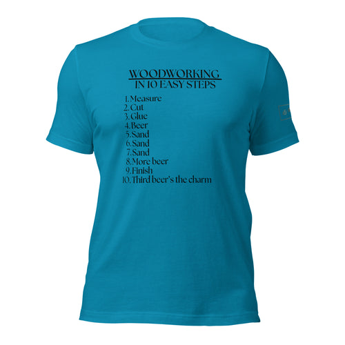 Woodworking in 10 easy steps lathe nights woodworking aqua blue shirt