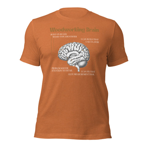 Woodworking brain diagram t-shirt by lathe nights woodworking orange shirt