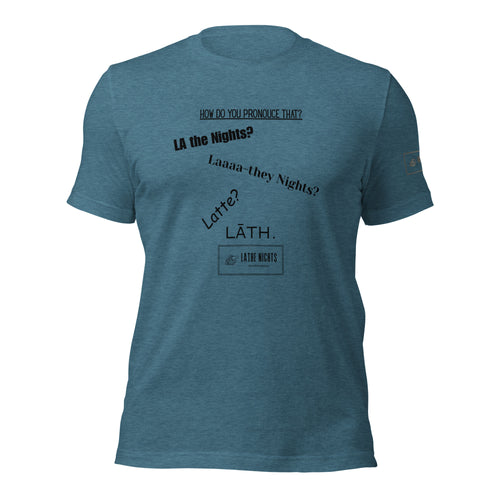 How do you pronounce that? Lathe Nights Woodworking t-shirt dark teal blue shirt