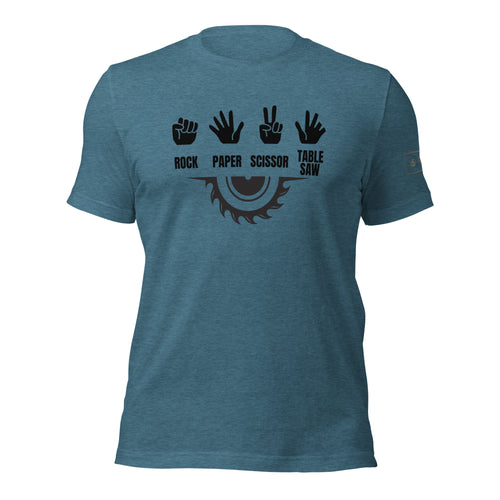 Rock Paper Scissors Table Saw T-Shirt Lathe Nights Woodworking Teal Blue Shirt