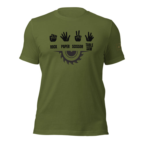 Rock Paper Scissors Table Saw T-Shirt Lathe Nights Woodworking Olive Green