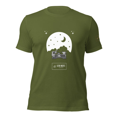 Lathe Nights Graphic t-Shirt lathe nights Woodworking olive green shirt