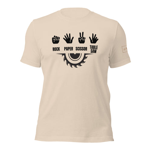 Rock Paper Scissors Table Saw T-Shirt Lathe Nights Woodworking Tan Shirt