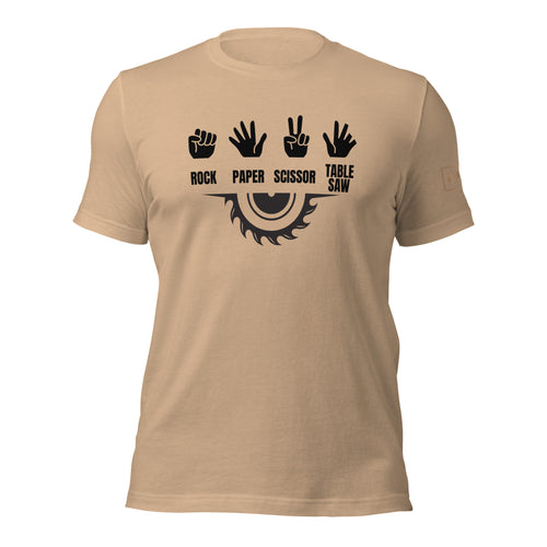 Rock Paper Scissors Table Saw T-Shirt Lathe Nights Woodworking Tan Shirt