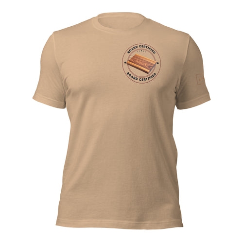 Board certified t-shirt lathe nights woodworking tan shirt 