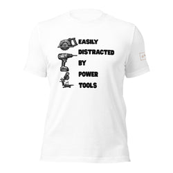 Easily distracted by power tools t shirt by lathe nights woodworking white shirt